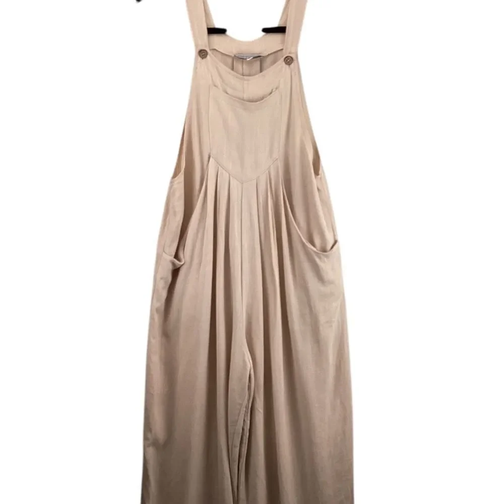 Miss Sparkling Wide Leg Jumpsuit Small Beige Linen Blend BOHO Wide Leg Flowy - Picture 4 of 13